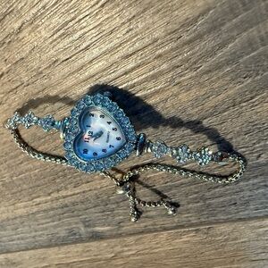 Heart-Shaped Silver Watch with Rhinestones